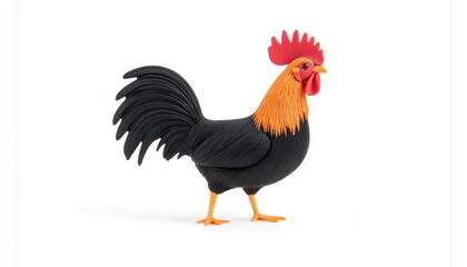 Fototapeta premium Colorful plastic rooster figurine standing proudly against a white background, ideal for playful decor