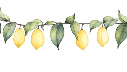 Hand-drawn illustration of yellow lemons hanging from a branch with green leaves on a white background
