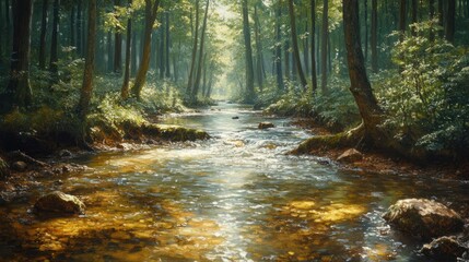 Fototapeta premium Sunlit stream flowing through lush green forest.