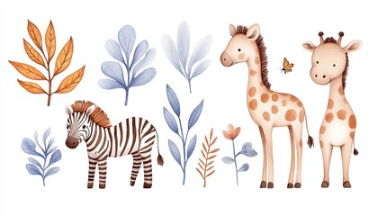 Whimsical illustration of a zebra and two giraffes surrounded by colorful leaves and flowers