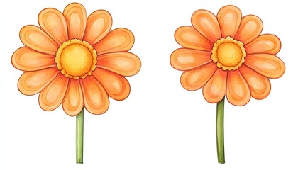 Two vibrant orange flowers with yellow centers, showcasing detailed petals and stems