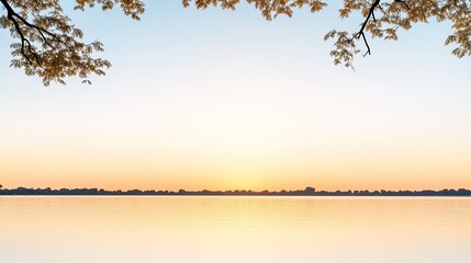 Serene sunset over a calm lake framed by tree branches, reflecting soft colors in the water