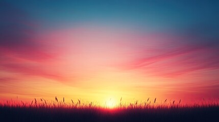 Fototapeta premium Vibrant sunset over a tranquil field with silhouetted grass against a colorful sky