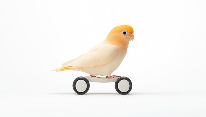 A playful bird skating on a small skateboard against a clean white background