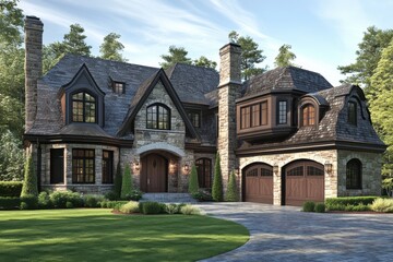 Luxury stone house with a large yard. Ideal for real estate, architecture, and luxury lifestyle websites.