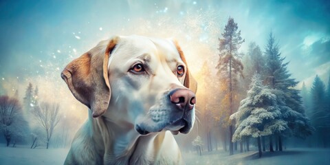 Double Exposure: Winter Labrador, Nature Photography, Dog in Snow, Canine Portrait, Frozen Landscape