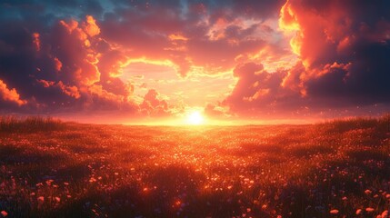 Fototapeta premium Vibrant sunset over a tranquil meadow, with colorful clouds and soft light illuminating the scene