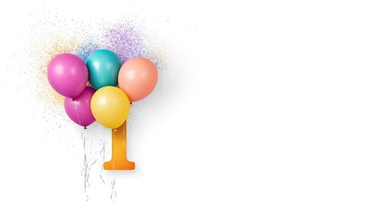 Colorful balloons celebrating a first birthday with confetti in the background, festive atmosphere