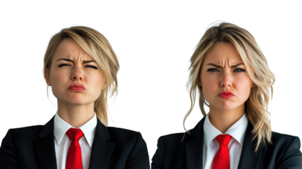 Two women in business suits with red ties