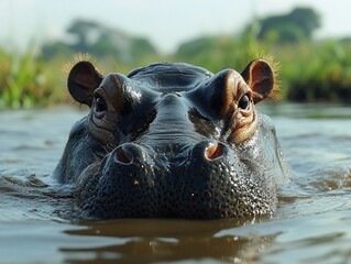 Fototapeta premium Close-up of a Hippopotamus in Water, facing directly at the camera, with ears erect