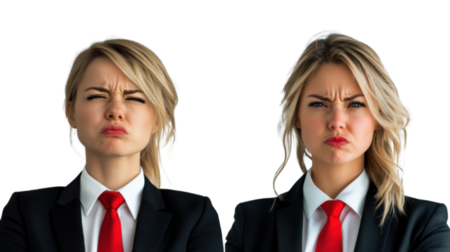 Two women in business suits with red ties