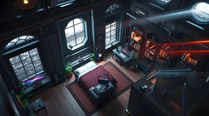 isometric render, nostalgic bedroom with a gaming pc, windows, plants bookshelves, desk, 3d art, muted colors, perfect lighting, high detail, concept art, behance, night time