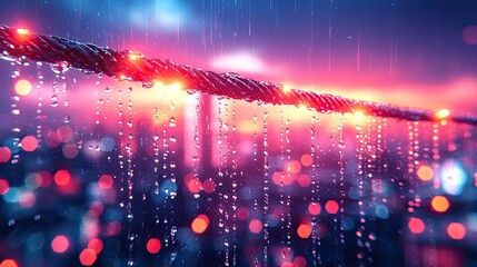 Rain Drops on Cable Against City Lights at Dusk