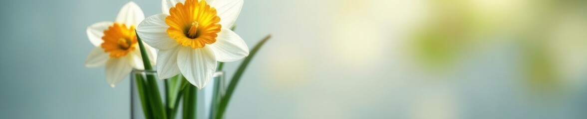 Glass container with narcissus flowers and dew drops, flower, white