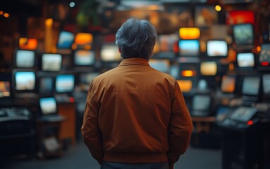 Person facing many screens.