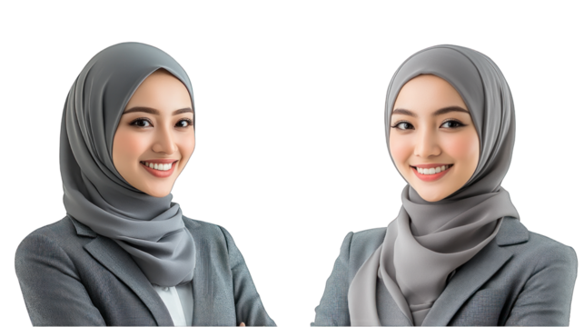 Two women wearing gray and black clothing and wearing headscarves
