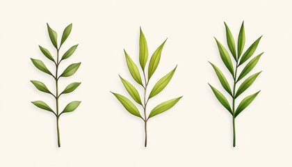 Fototapeta premium Three distinct types of green leaves arranged artistically on a neutral background, showcasing nature's beauty