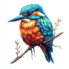 Fototapeta premium Vibrant Kingfisher Perched On Branch With Leaves In Soft Light