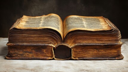 Antique book open on table, dark background, history