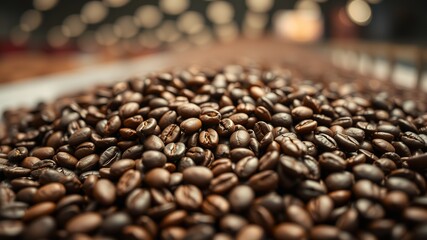 Roasted Coffee Beans Background - Freshly Roasted Coffee Beans, Selective Focus, Copy Space, High Quality Image