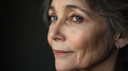 Obraz premium A close-up of an older woman with a peaceful expression, emphasizing the gentle lines of her face and the serene beauty of her age.