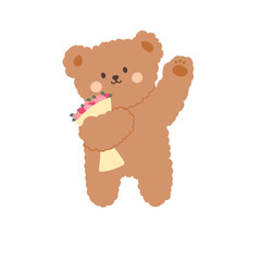 illustration of a cute bear holding a bouquet of flowers
