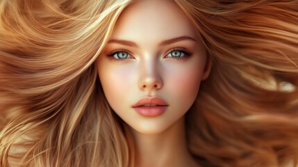 Fototapeta premium A close-up of a beautiful woman with long, flowing hair, her eyes looking directly into the camera, capturing her captivating gaze.