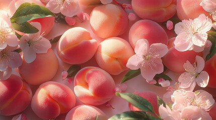 A delightful pattern of peaches with pink blossoms creating a vibrant display of spring produce and florals
