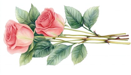 Obraz premium Beautifully illustrated pink roses with lush green leaves, symbolizing love and elegance, ideal for floral designs