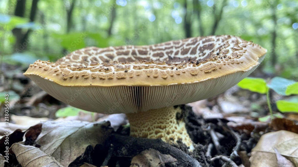 Poster a close-up of a mushroom growing in a forest, capturing its earthy texture and the surrounding natur