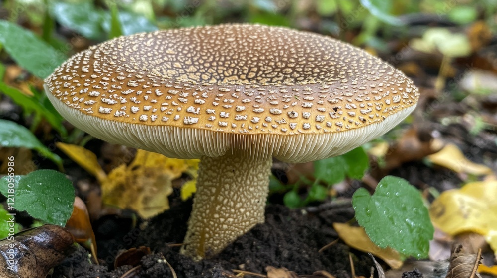 Poster a close-up of a mushroom growing in a forest, capturing its earthy texture and the surrounding natur