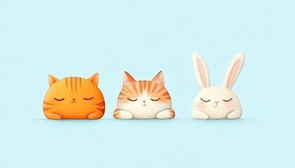 Cute cartoon animals featuring a sleeping orange cat, a resting ginger cat, and a white bunny on a light background