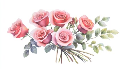 A beautiful bouquet of pink roses with green leaves arranged elegantly on a white background