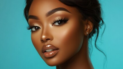 Fototapeta premium A close-up of a woman with flawless foundation and expertly contoured cheeks, highlighting her radiant skin and defined features.