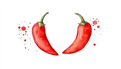 Two vibrant red chili peppers with splashes of color, ideal for culinary or food-related themes