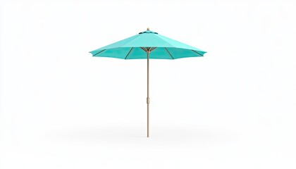 A vibrant turquoise beach umbrella stands tall on a white background, evoking summer vibes and relaxation