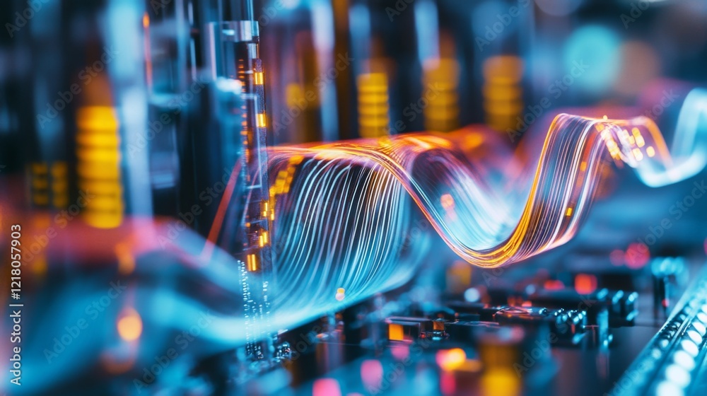 Poster a close-up view of vibrant electric waves pulsing through cables in a high-tech industrial setting, 
