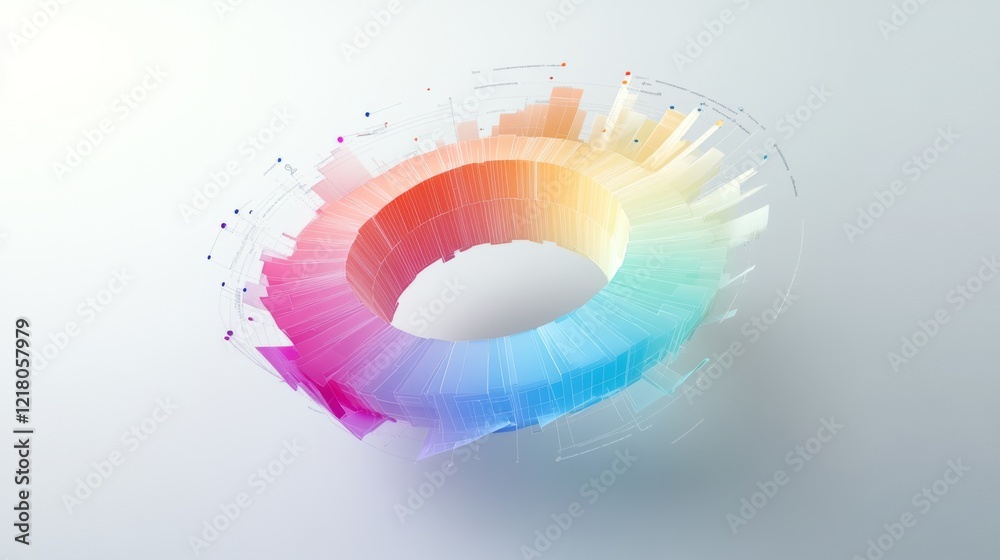 Aufkleber A colorful D donut chart floating on a clean background, with different data segments separated and highlighted in various hues.
