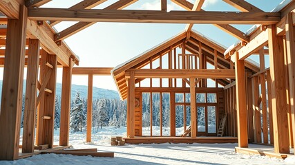Obraz premium Stunning Winter Wooden House Frame Construction, Architectural Photography