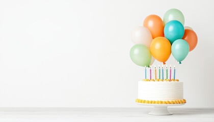 Festive birthday cake adorned with colorful balloons and candles, set against a clean backdrop