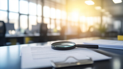 Close-up of a neatly organized stack of insurance documents with a magnifying glass on top, symbolizing the detailed process of insurance claims in a modern office setting.