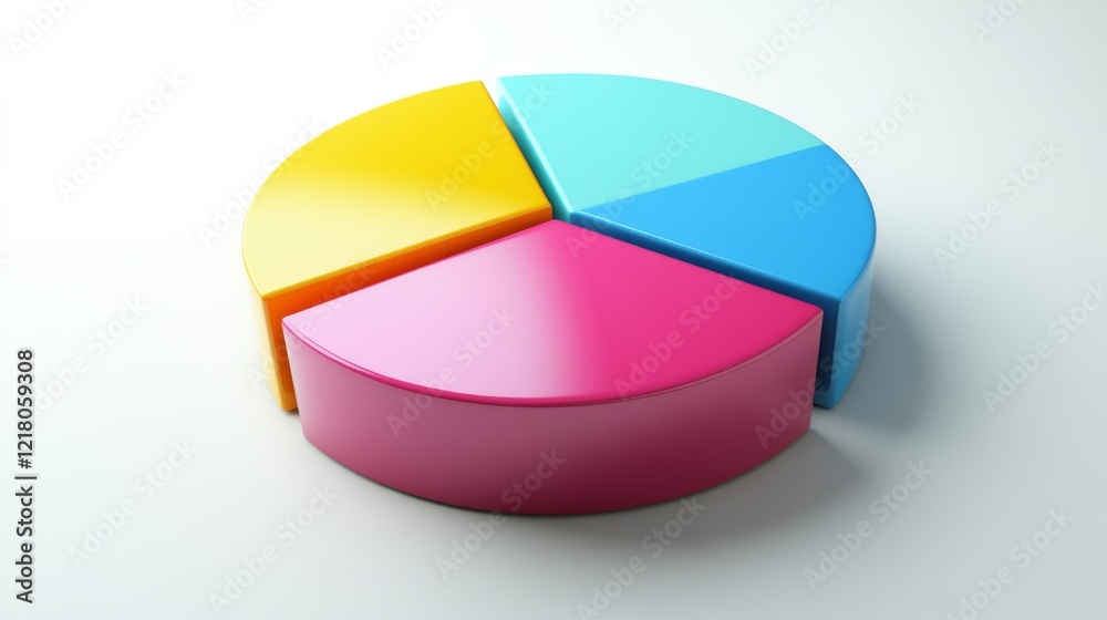 Poster a dynamic d pie chart with segments in various bright colors, each section floating slightly above a