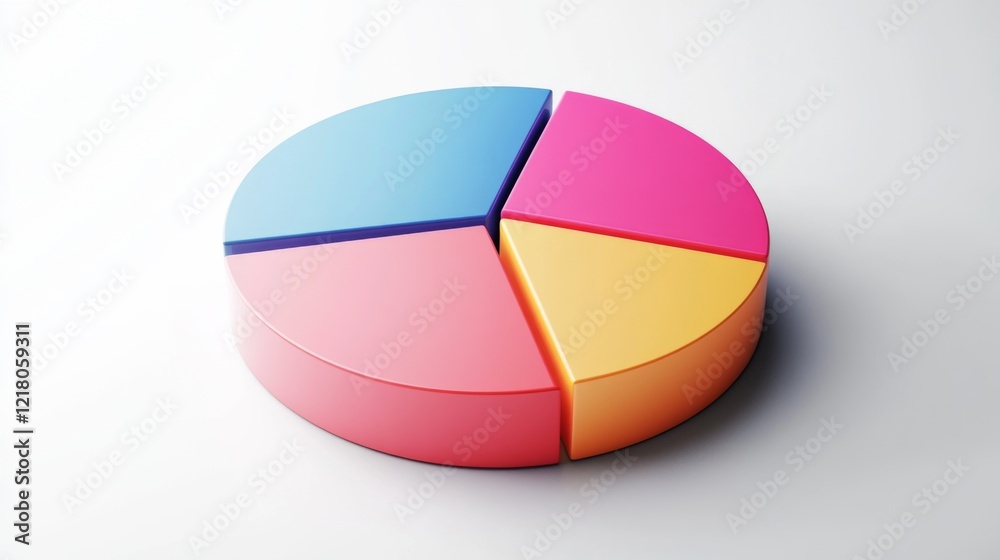 Poster a dynamic d pie chart with segments in various bright colors, each section floating slightly above a