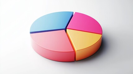 A dynamic D pie chart with segments in various bright colors, each section floating slightly above a white surface, symbolizing data analysis and statistics.