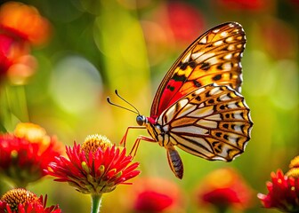 Fototapeta premium Issoria lathonia Butterfly on Red Wildflower - Closeup Macro Photography