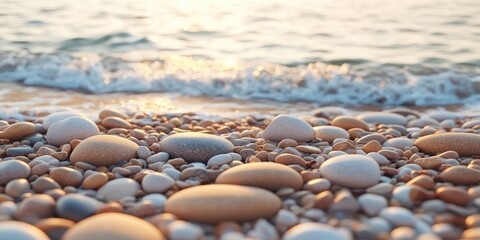 Ocean beach pebbles sunset; waves; serenity; calm; summer vacation