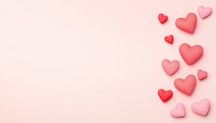 A collection of colorful hearts in various sizes arranged on a soft pink background, perfect for romantic themes