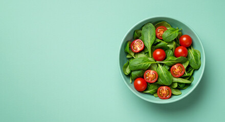 A bowl of mixed greens with cherry tomatoes on a mint green background with negative space for text or graphics, ideal for minimalistic and visually appealing designs