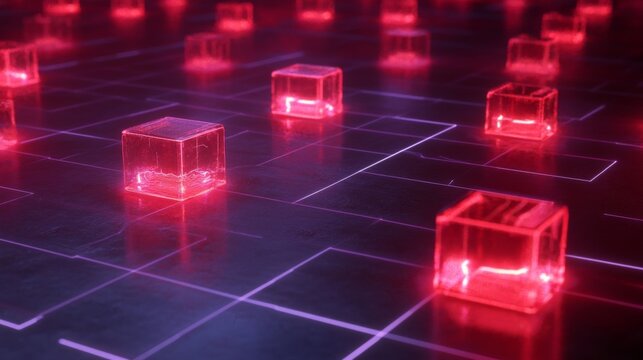 A futuristic D heatmap with glowing cubes representing data intensity, displayed over a grid surface, emphasizing high-tech analytics and information flow.