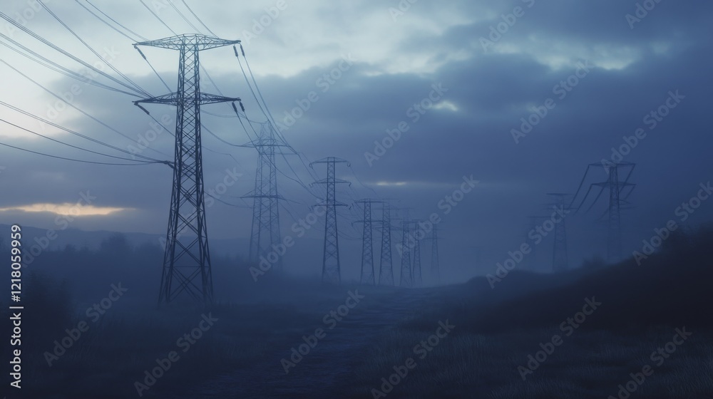 Poster a high-resolution shot of multiple electricity transmission towers lined up in a row, emphasizing th